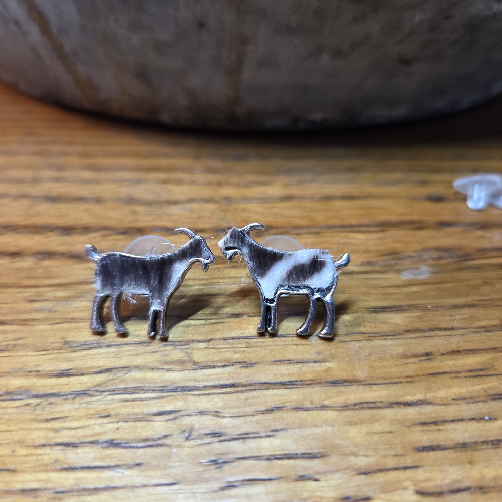 Silver With Brown & White Leather Goat Stud Earrings